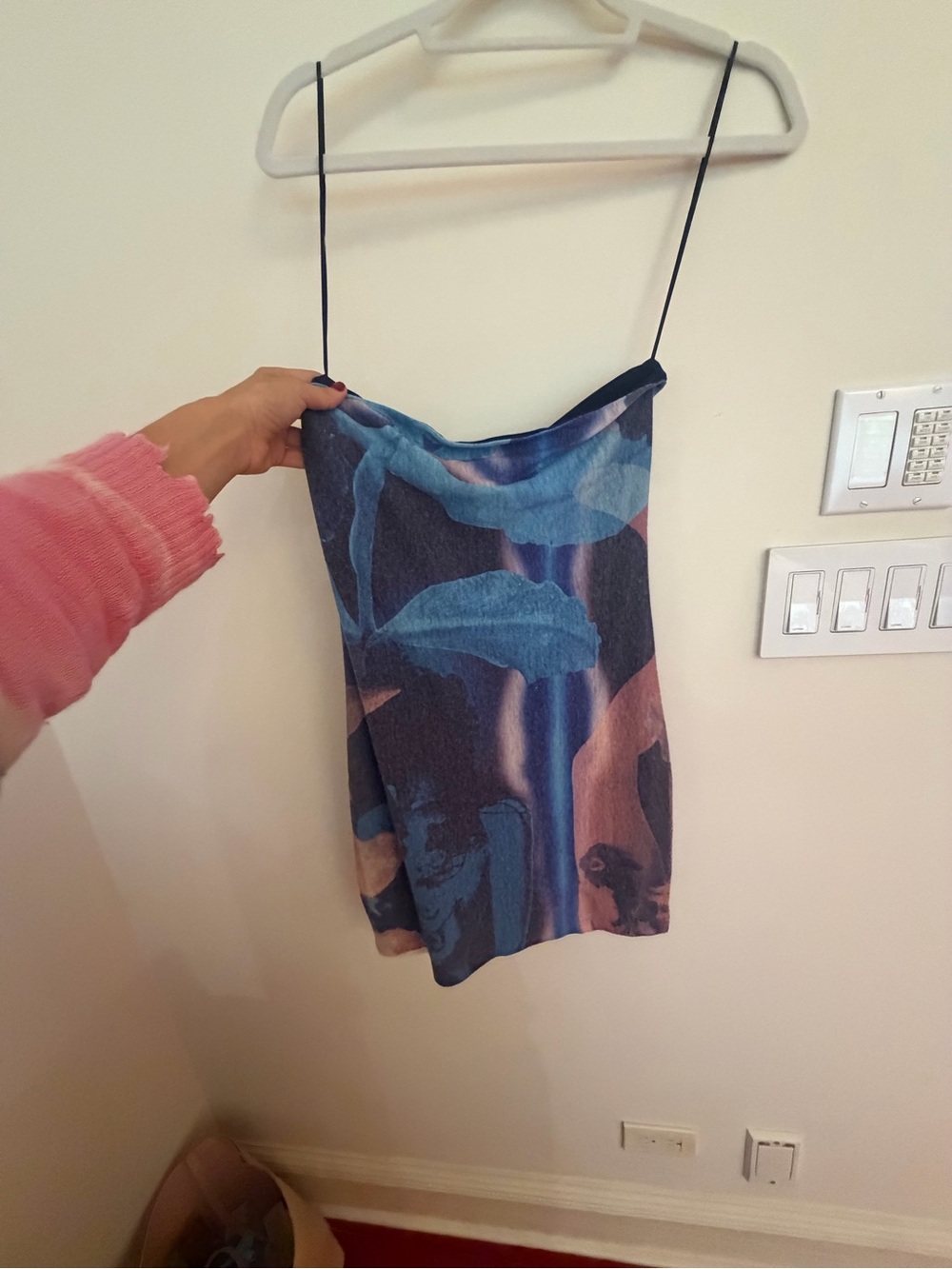 With Jean Blue and Pink Abstract Cowl Neck Mini Dress